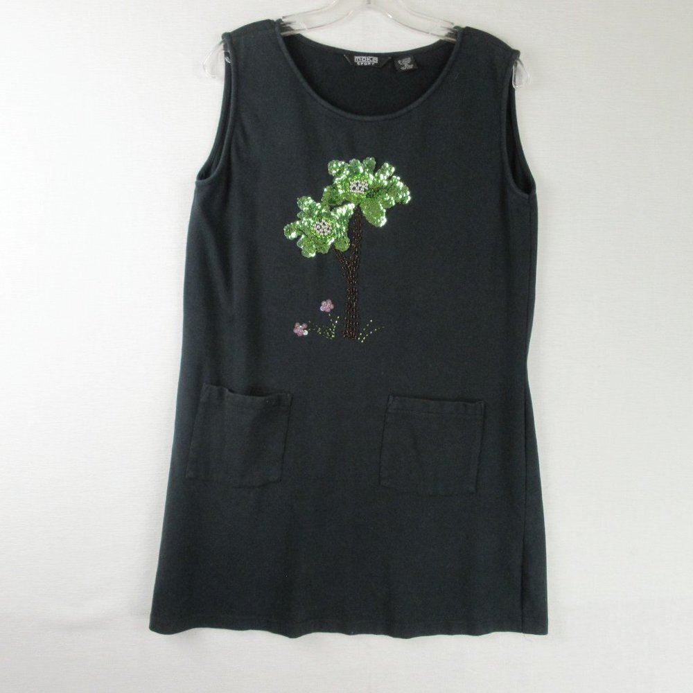 Moka Sport Black Sleeveless Green Beaded Tunic Size XL Pockets Sequin Palm Trees